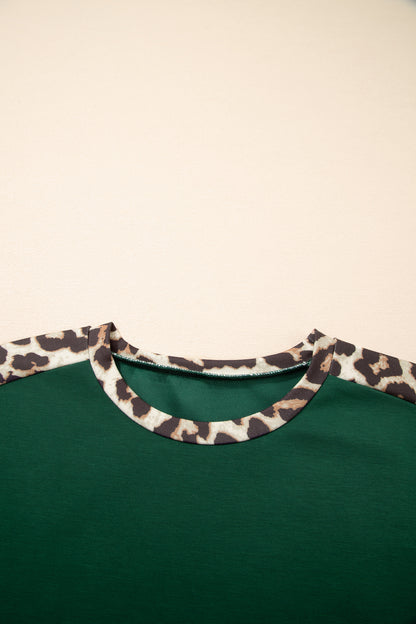 Sea Green Leopard Trim Round Neck Loose T Shirt