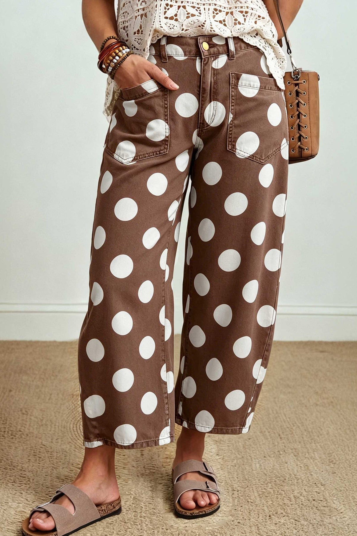 White Polka Dot Ankle-Length Barrel Jeans