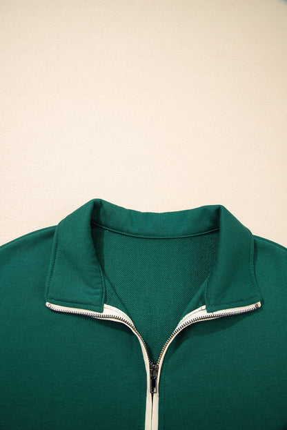 Evergreen Contrast Trim Zip Collar Long Sleeve Ruffle Hem Mini Dress