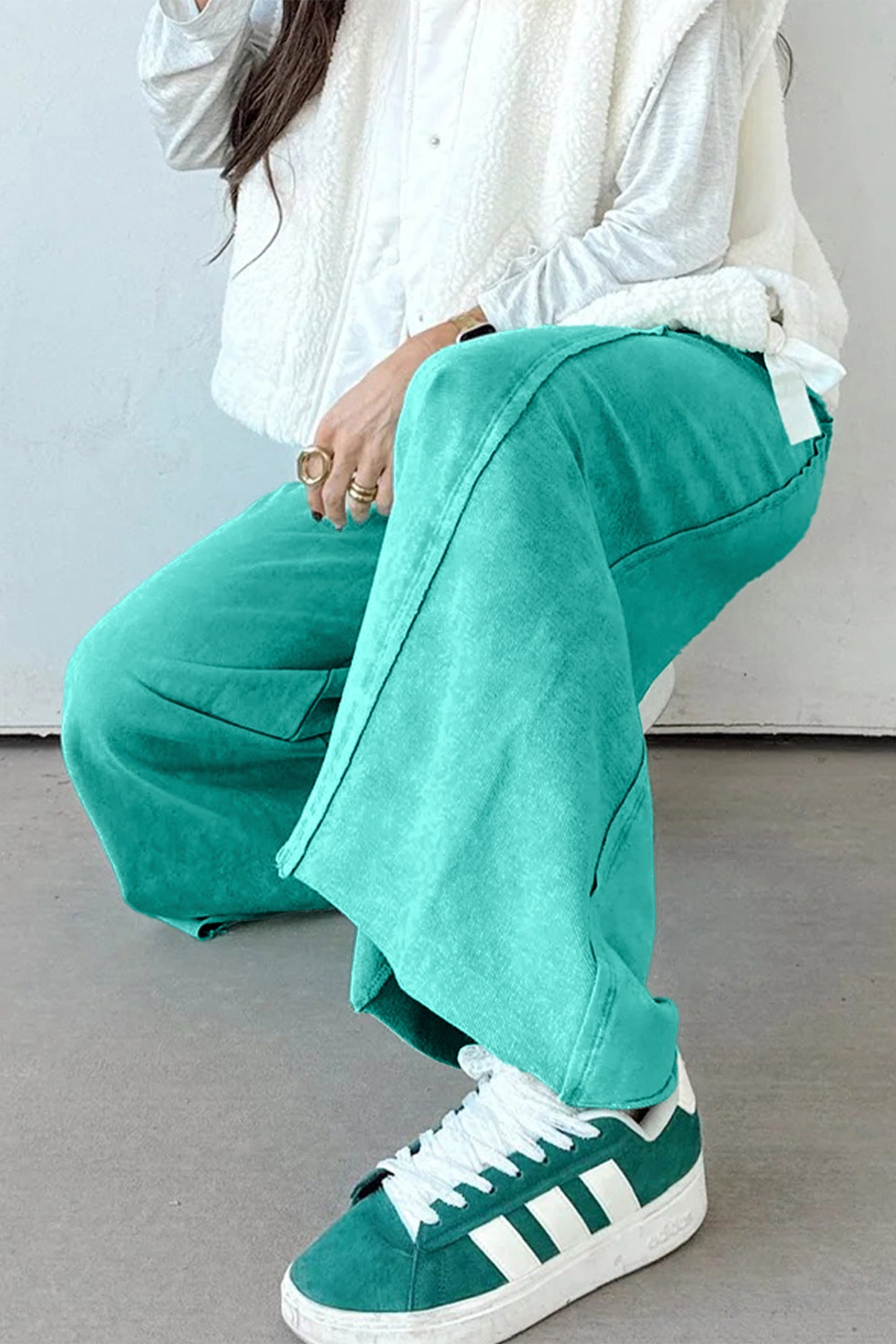 Sea Green Mineral Wash Drawstring Elastic Waist Raw Hem Loose Pants
