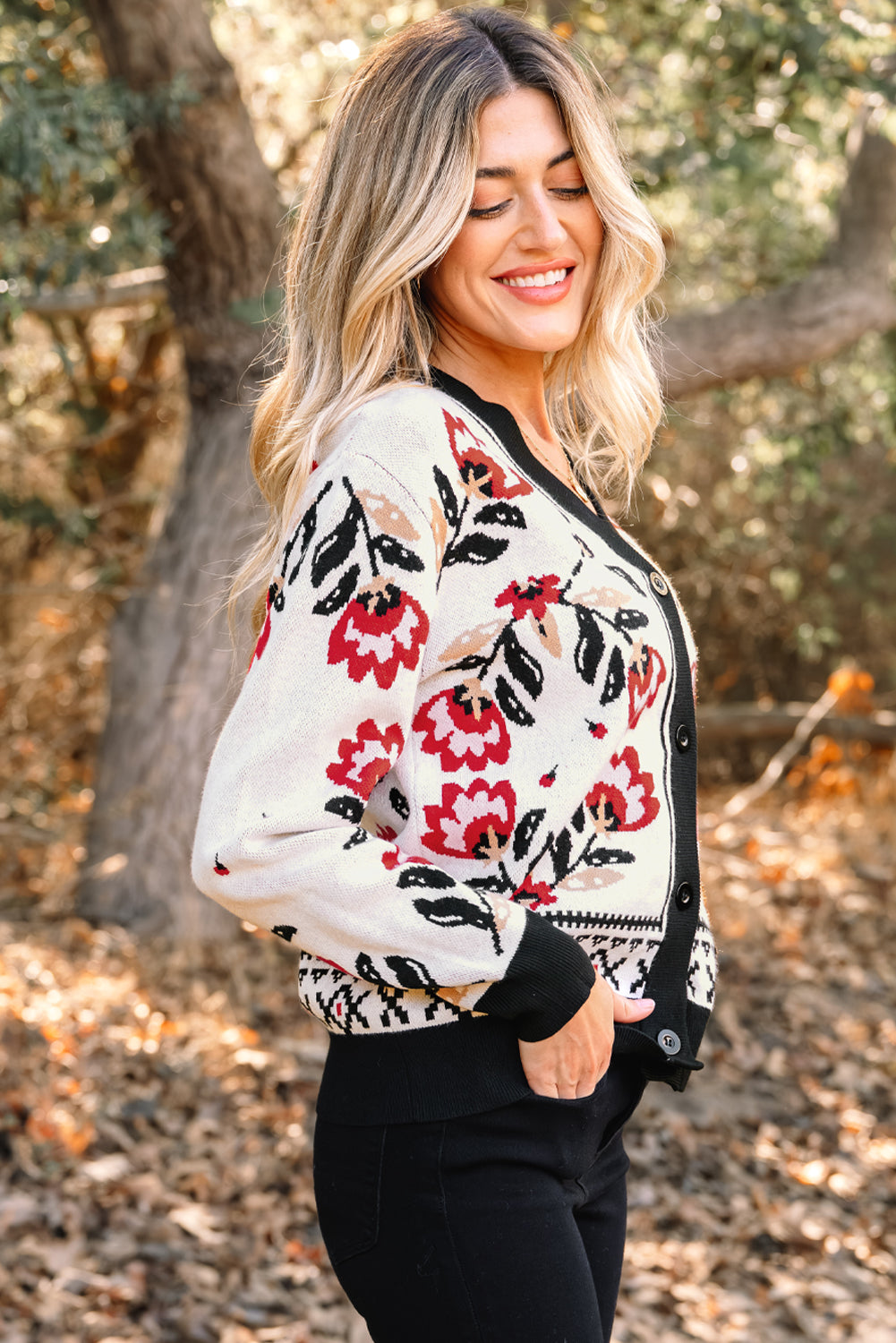 Black Floral Print Buttoned Front V Neck Knit Cardigan