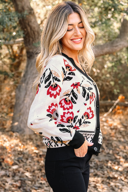 Black Floral Print Buttoned Front V Neck Knit Cardigan