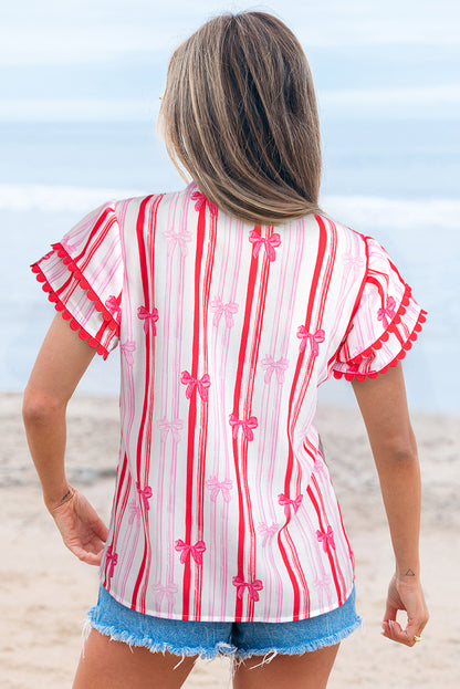 Pink Ric-rac Trim Ruffled Sleeve V Neck Bow Striped Printed Blouse