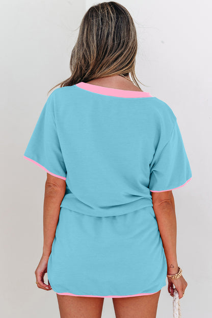 Turquoise Colorblock Edge Drop Shoulder T Shirt and Skirt 2Pcs Set