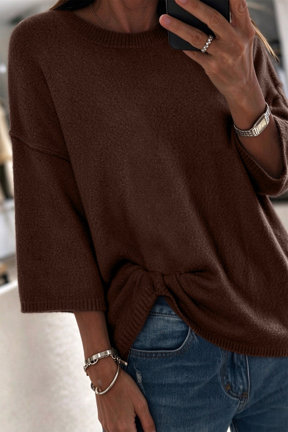 Dark Brown Solid Color Knit Half Sleeve Round Neck Shift Sweater