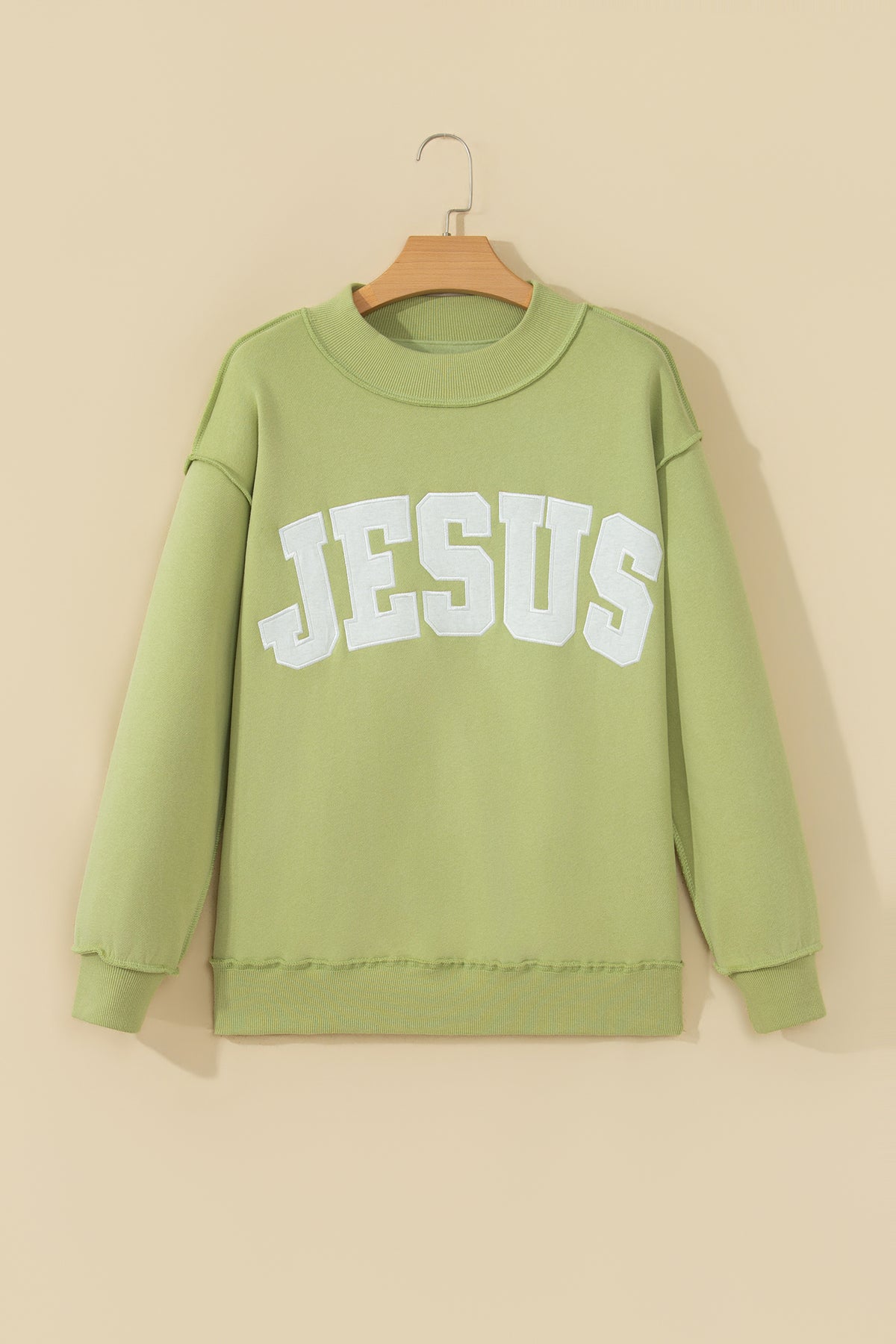 Banana Cream JESUS Letter Patch Graphic Exposed Seam Mock Neck Baggy Sweatshirt
