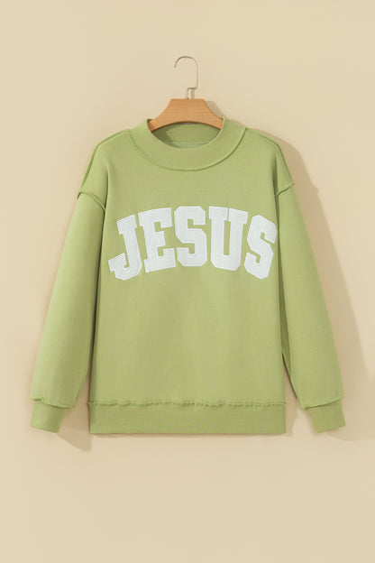 Banana Cream JESUS Letter Patch Graphic Exposed Seam Mock Neck Baggy Sweatshirt