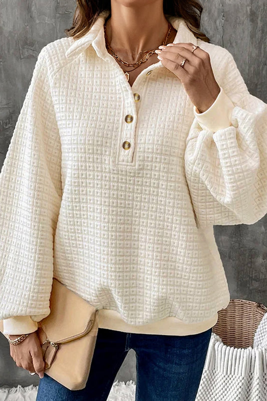 Beige Pineapple Textured Half Button Collared Sweatshirt