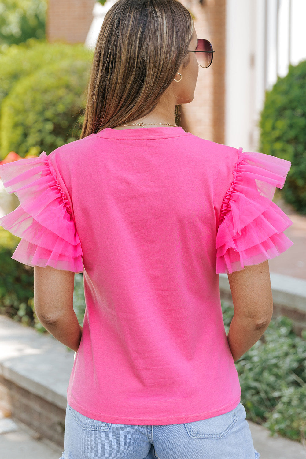 Dark Green Tulle Ruffle Sleeve Blouse