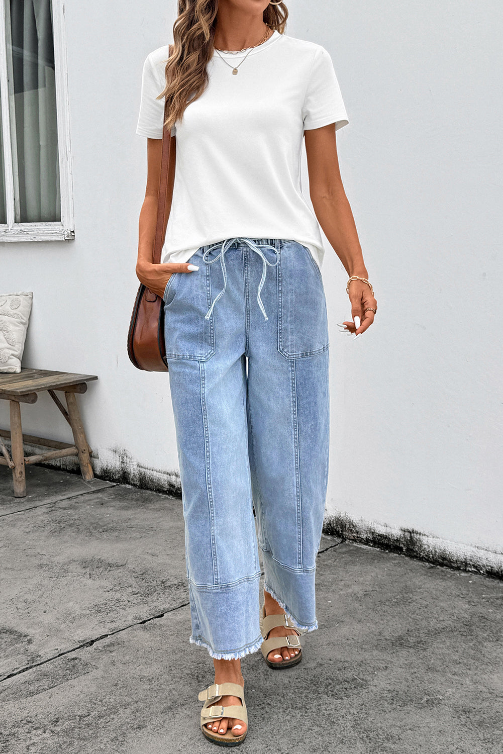 Beau Blue Drawstring Seam Detail Raw Hem Wide Leg Denim Pants