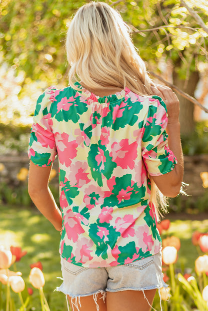 Green Abstract Print Frilly Neck Ruched Short Sleeve Blouse