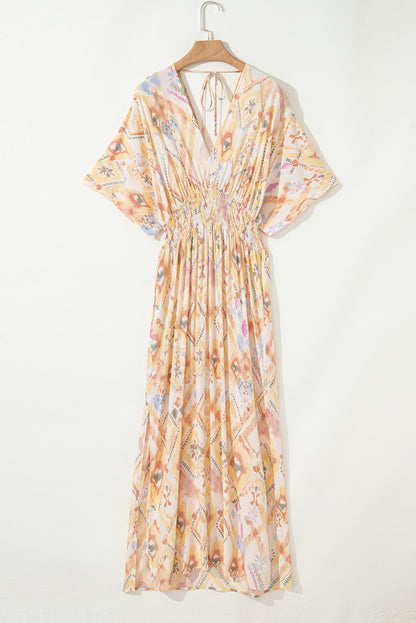 Multicolour Geometric Print Half Sleeve Shirred High Waist Maxi Dress