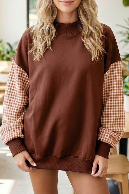 Pink Plaid Sleeve Colorblock Loose Tunic Sweatshirt