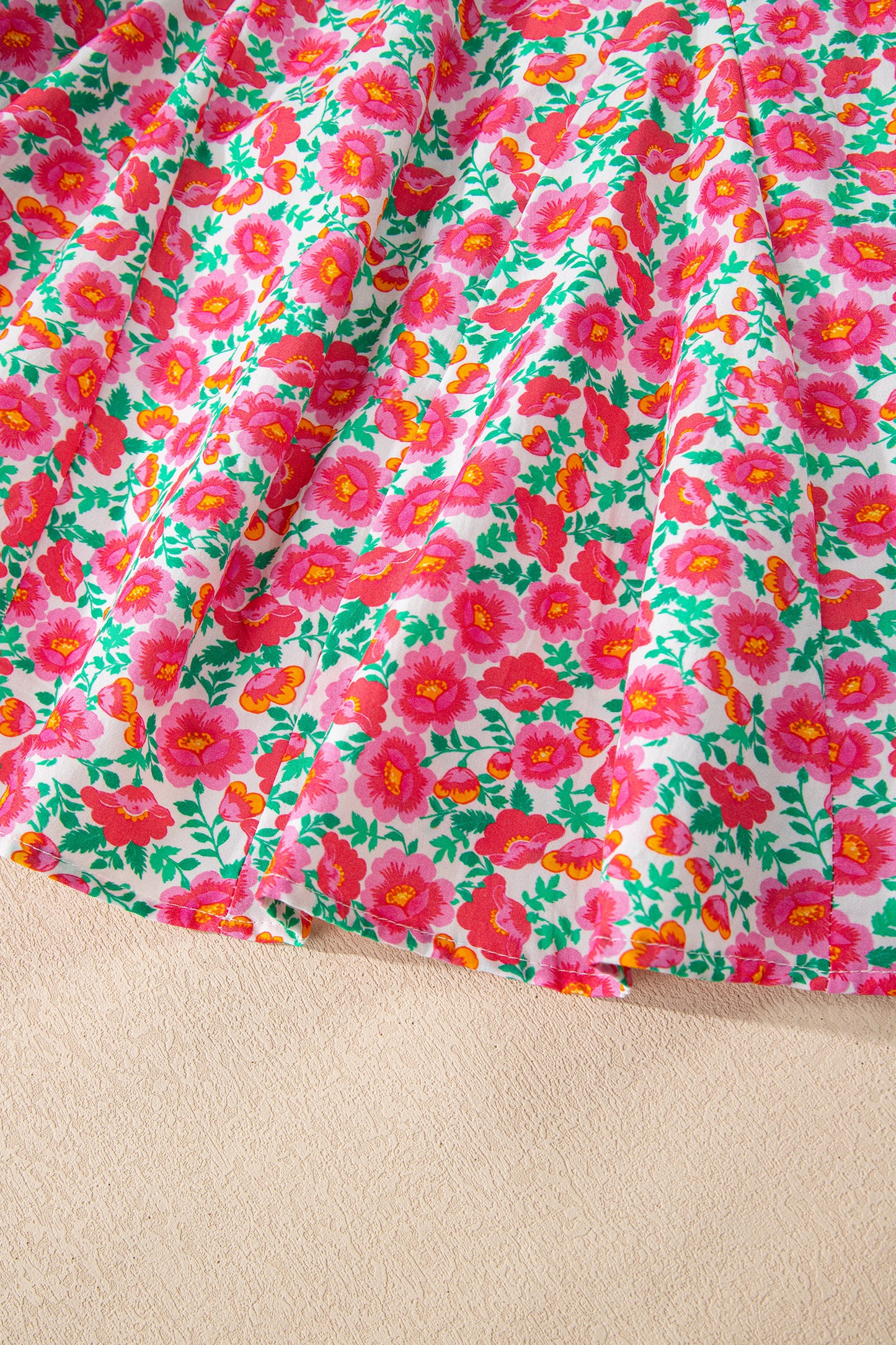 Pink Floral Print V Neck Patchwork Short Bubble Sleeve Mini Dress