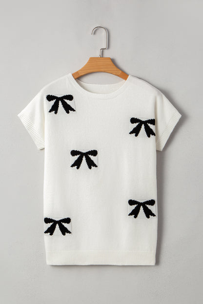 Black Bow Pattern Knit Short Sleeve Sweater
