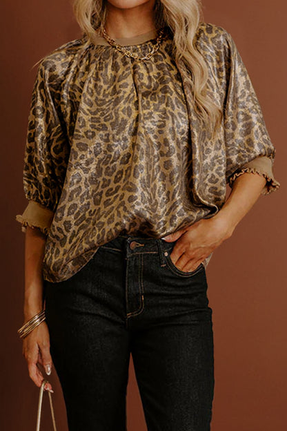 Gold Half Sleeve Metallic Leopard Print Blouse