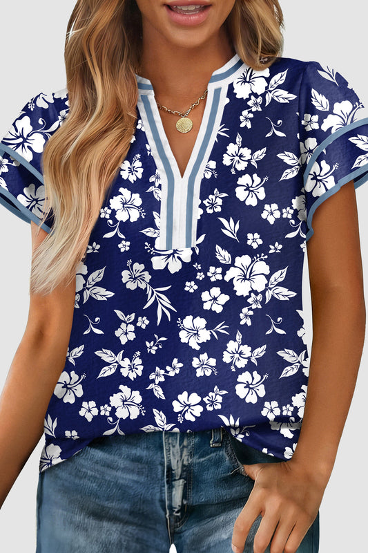 Blue Floral Print Contrast Trim Split Neck Double Ruffle Short Sleeve Blouse
