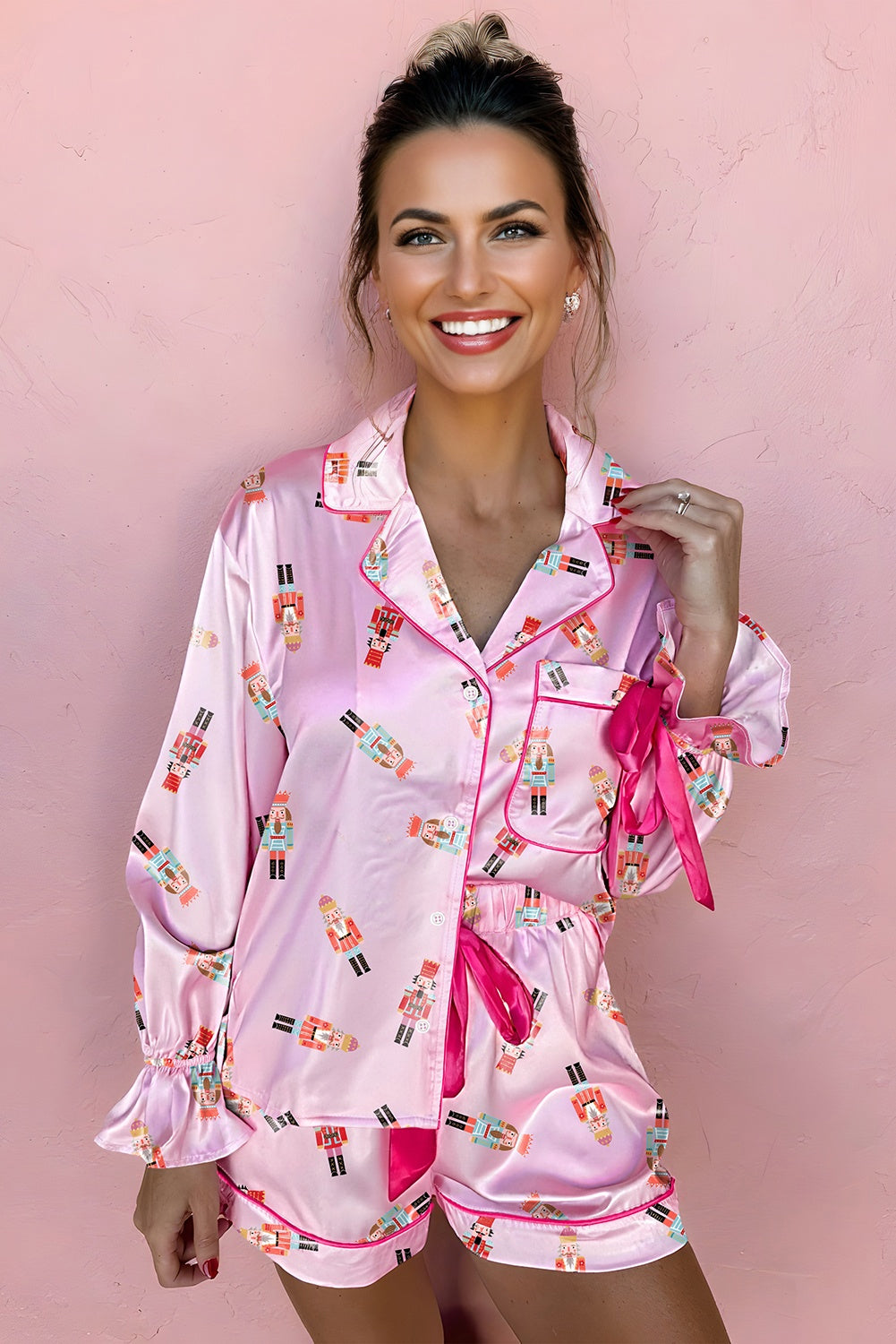 Pink Nutcracker Print Contrast Trim Tied up Bow Silky 2pcs Pajama Set