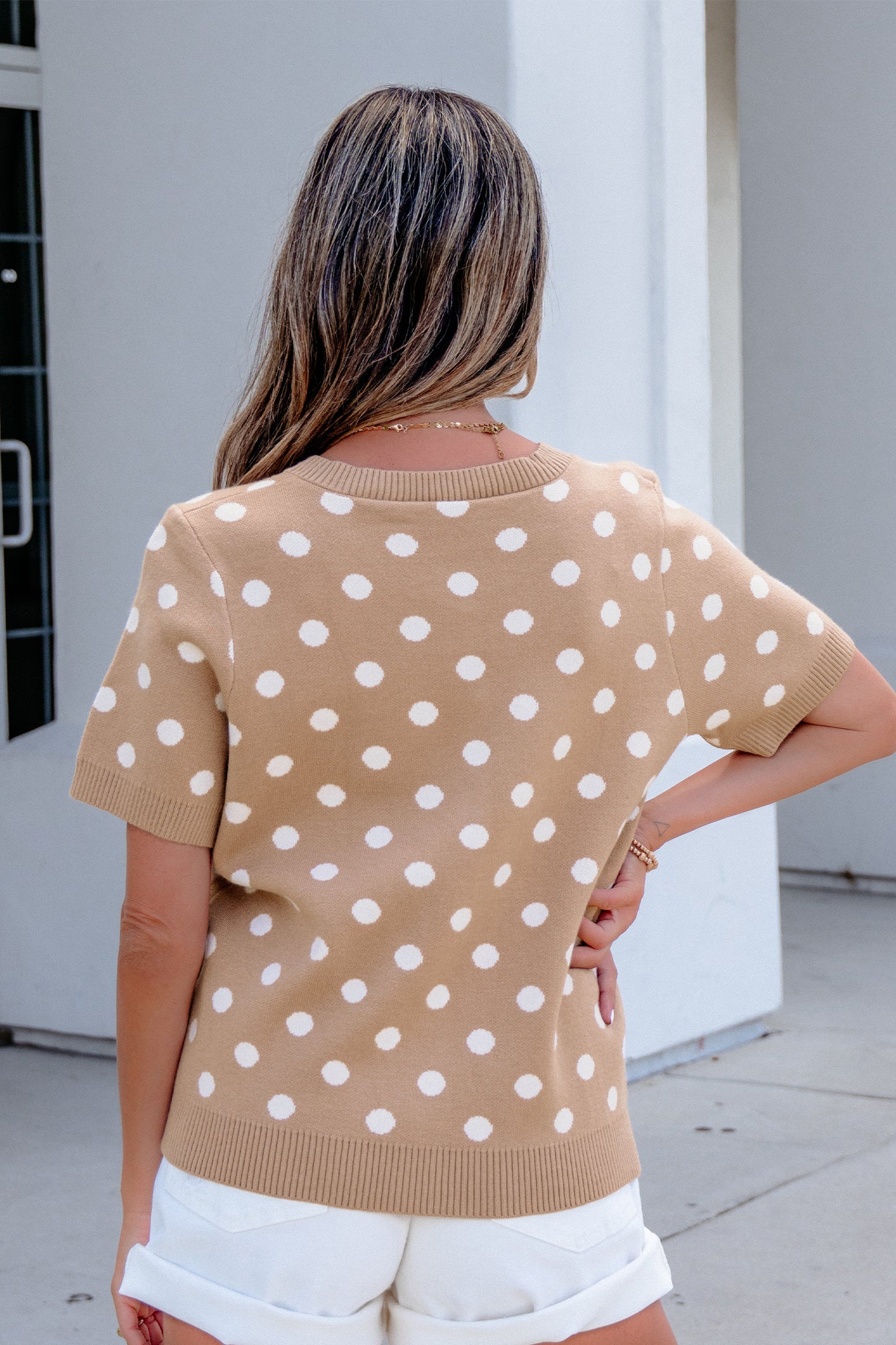 Dark Khaki Polka Dot Short Sleeve Button Down Sweater Cardigan