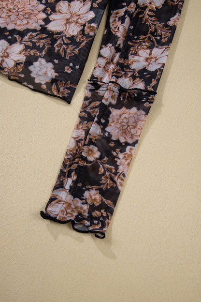 Black Floral Print Mesh Mock Neck Long Sleeve Top