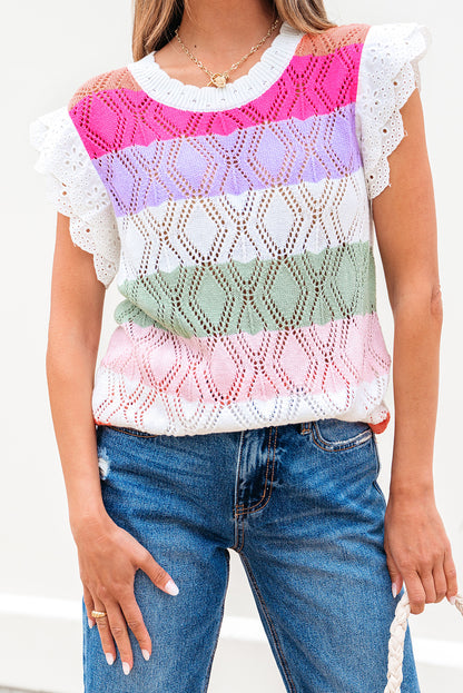 Rose Stripe Colorblock Hollowed Knit Scallop Edge Sweater Vest