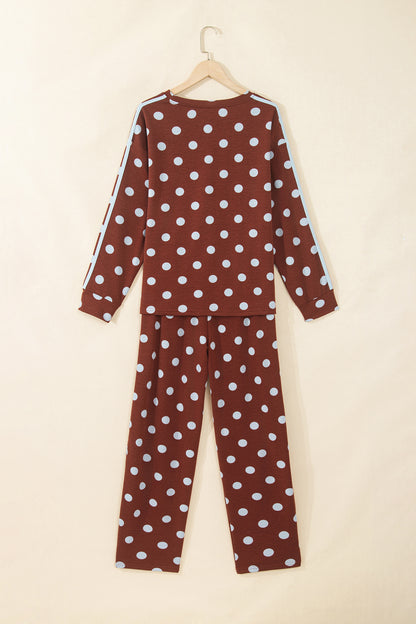 Pink Polka Dot Print Side Stripe Detail Long Sleeve Top Casual Pant Set