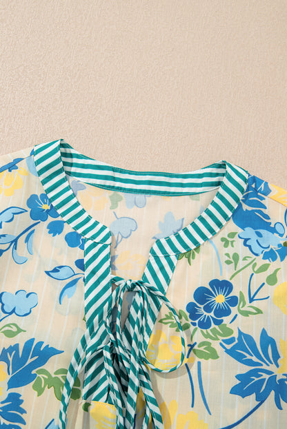 Blue Floral Striped Trim Puff Short Sleeve Dress