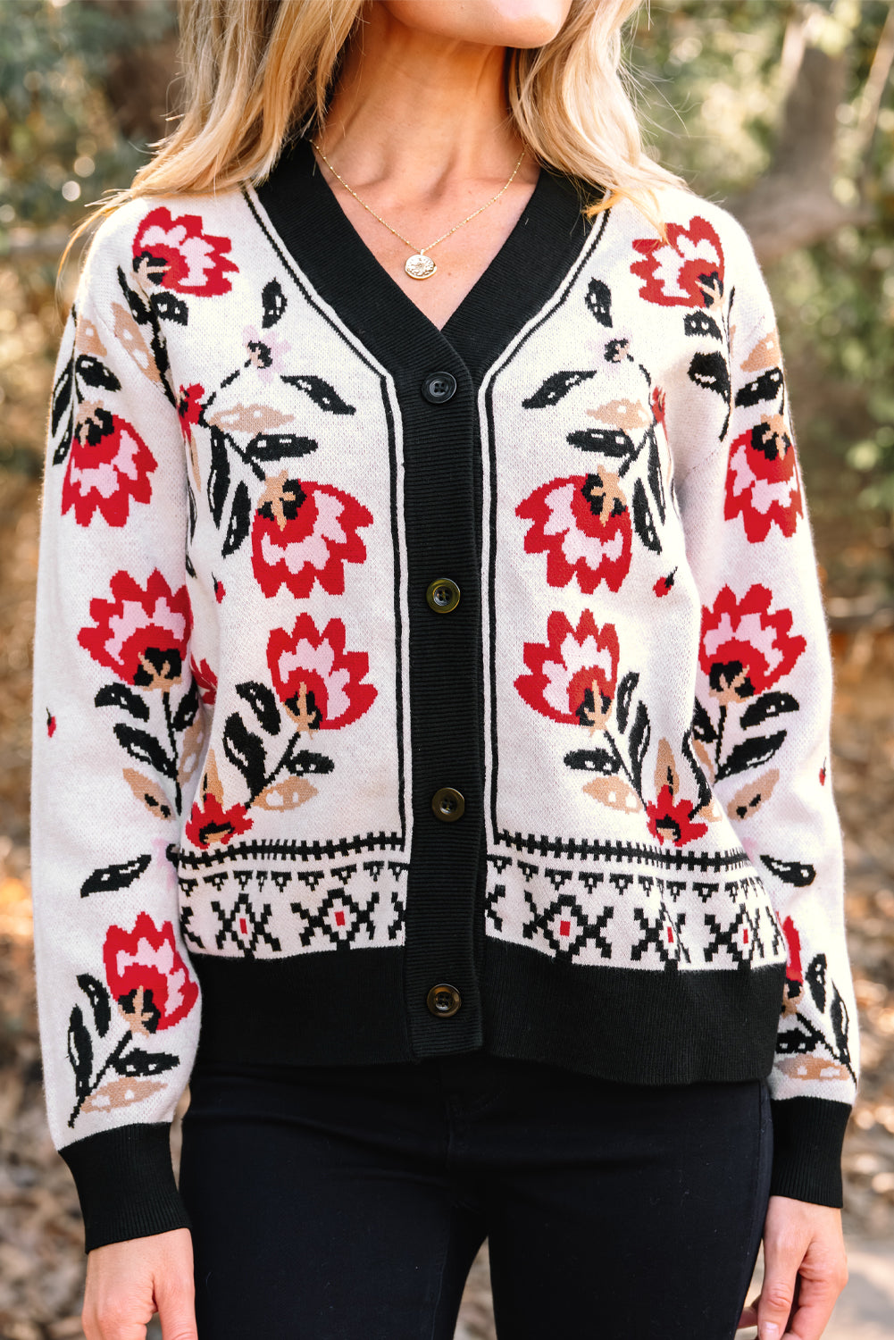 Black Floral Print Buttoned Front V Neck Knit Cardigan