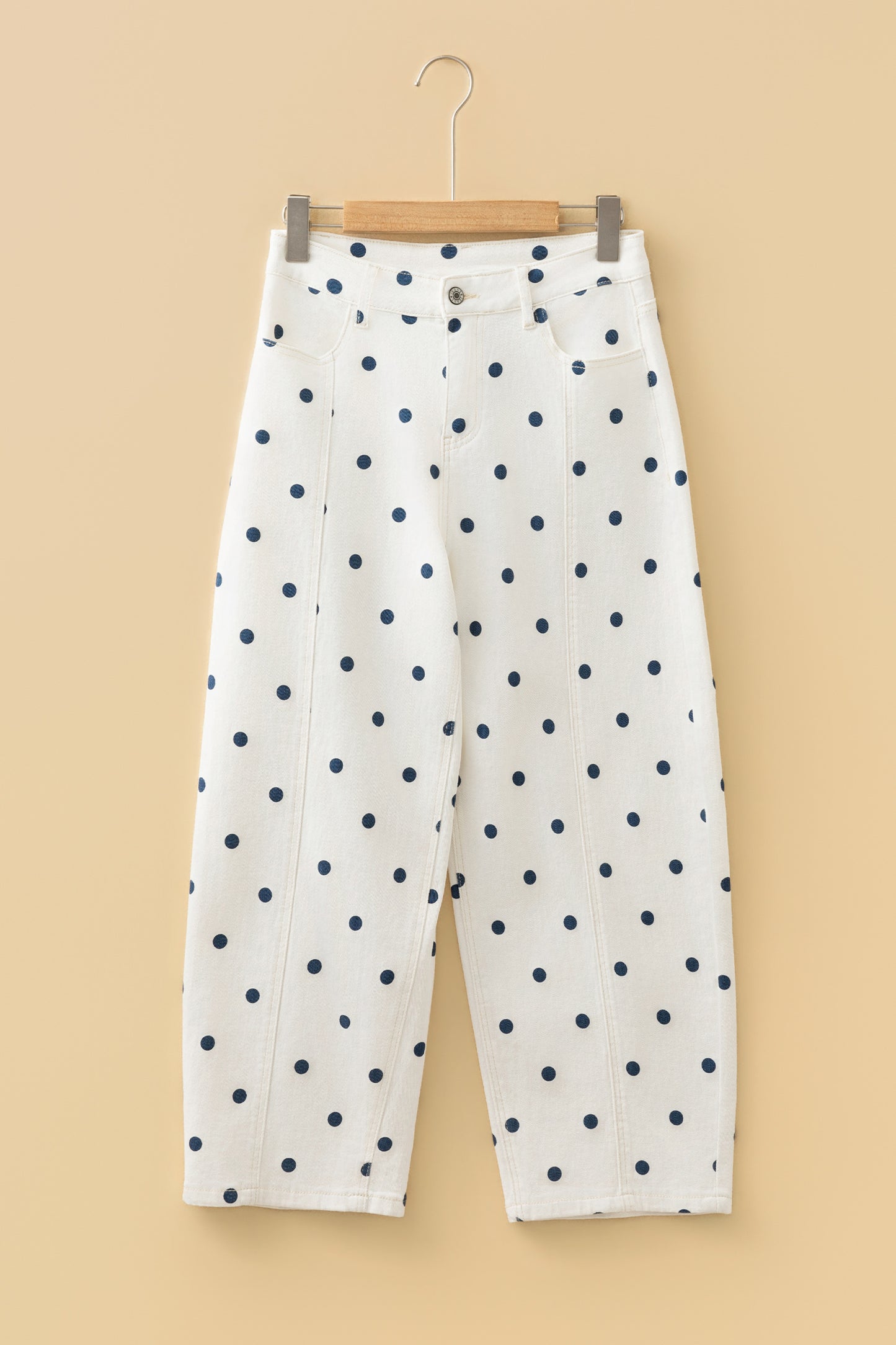 Pink Polka Dot Print Seam Detail Barrel Jeans