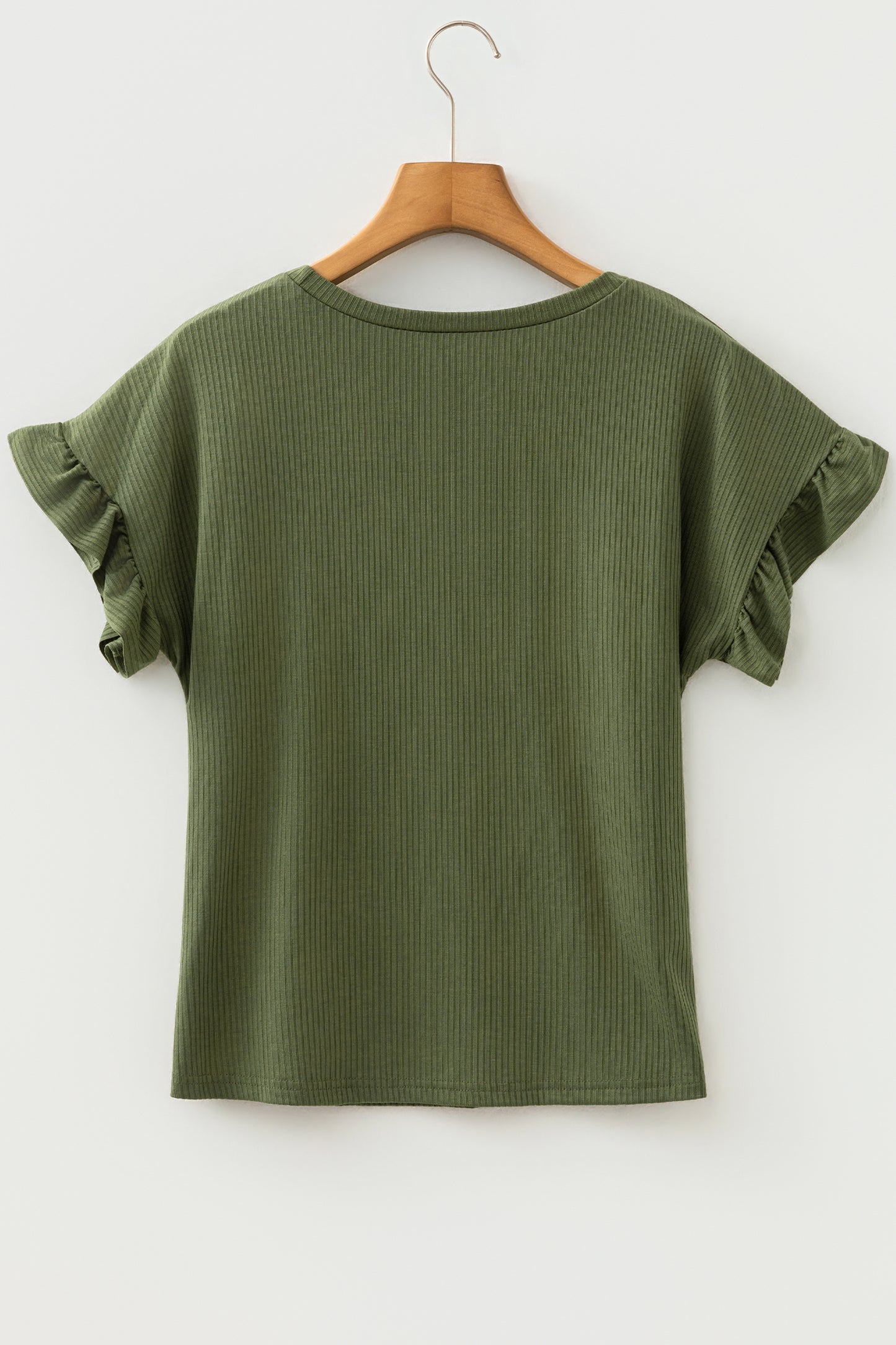 Jungle Green Solid Color Ribbed Ruffled Short Sleeve T Shirt