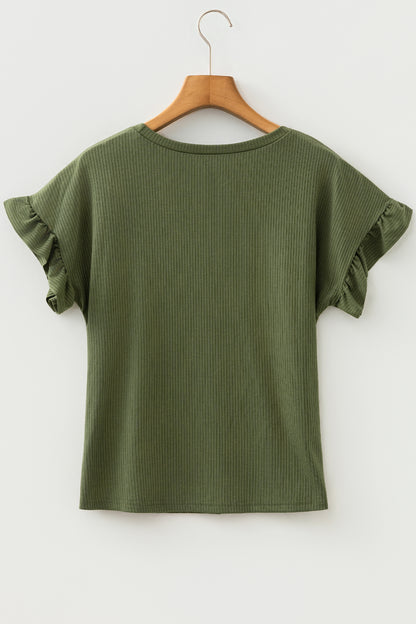 Jungle Green Solid Color Ribbed Ruffled Short Sleeve T Shirt