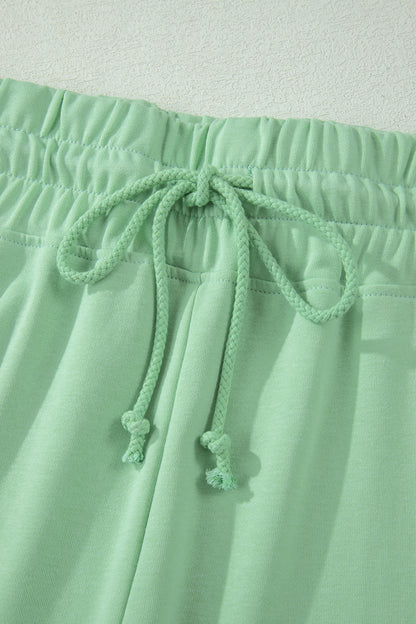 Clearly Aqua Solid Color Ribbed Trim Short Sleeve Top Drawstring Loose Pants 2pcs Outfit