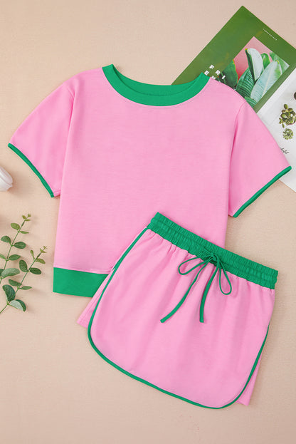 Bonbon Colorblock Edge Drop Shoulder T Shirt and Skort 2Pcs Set
