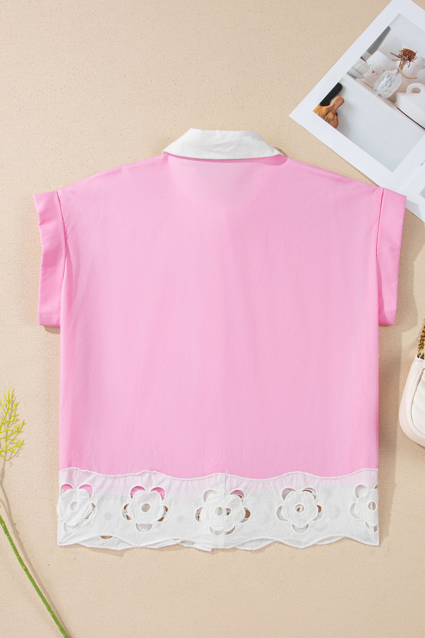 Pink Hollow-out Floral Contrast Patchwork Short Sleeve Button Up Shirt