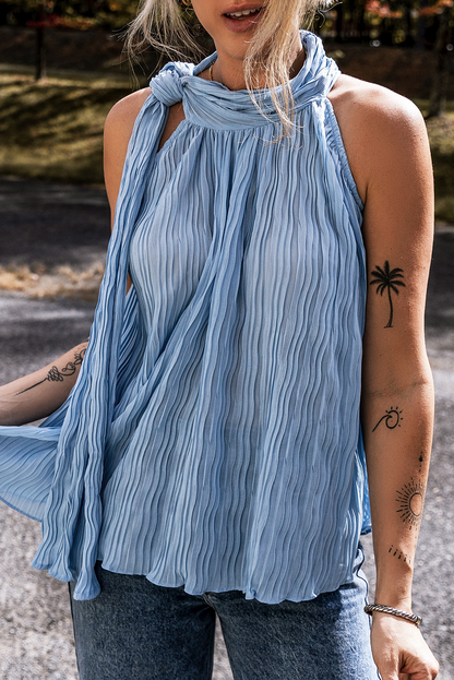 Myosotis Textured Pleated Tied Mock Neck Flowy Tank Top