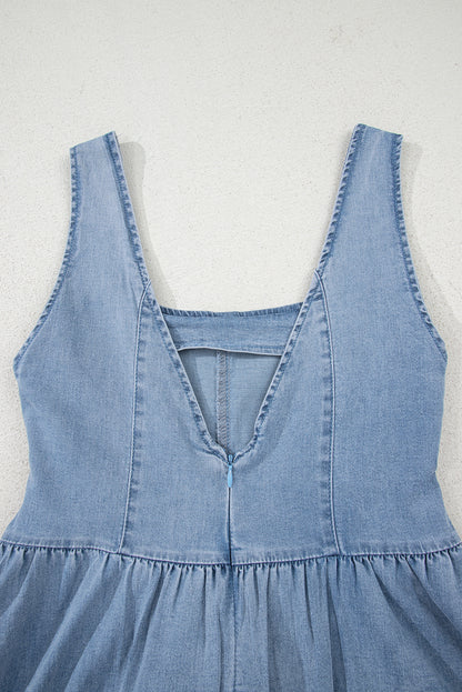 Myosotis Square Neck Bowknot A-line Sleeveless Denim Dress