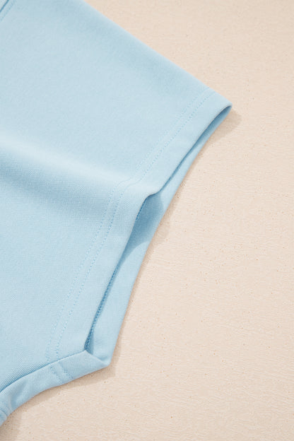 Clearly Aqua Solid Color Ribbed Trim Short Sleeve Top Drawstring Loose Pants 2pcs Outfit