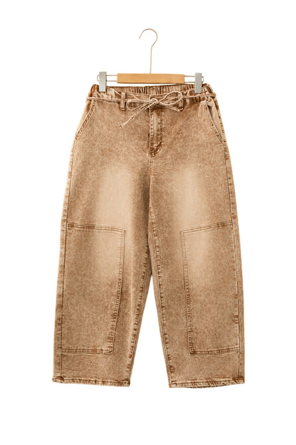 Gray Acid Wash Barrel Fit Denim Pants with Waist String