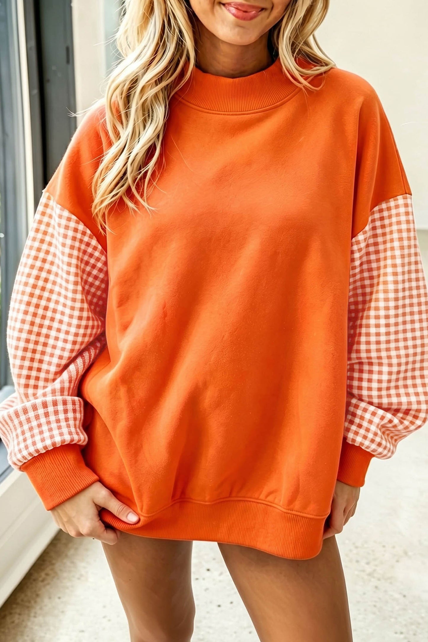 Pink Plaid Sleeve Colorblock Loose Tunic Sweatshirt