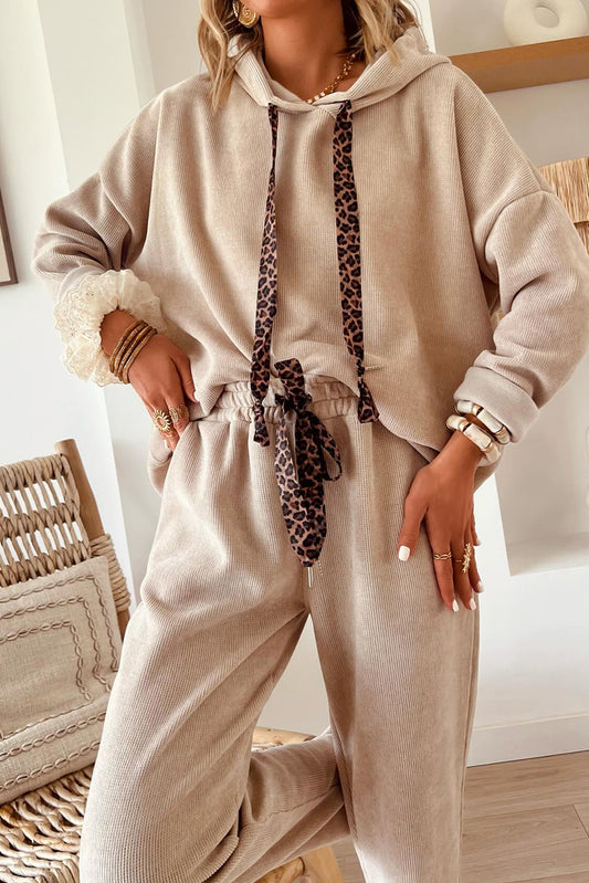 Parchment Leopard Drawstring Pullover Hoodie and High Waist Pants Corduroy Suit