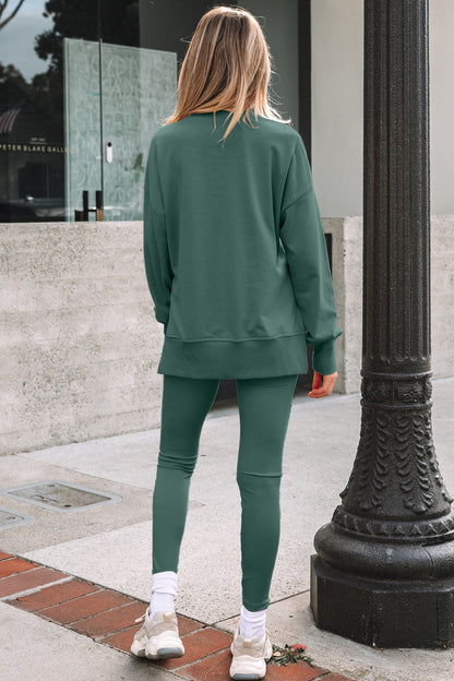 Green Bay Solid Color Oversize Slit Sweatshirt Ribbed Leggings 2pcs Set