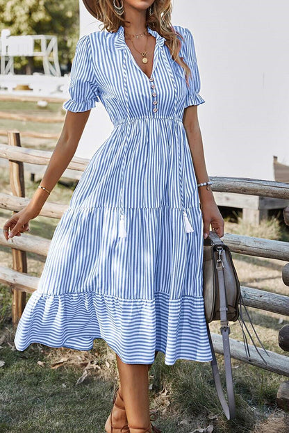 Sky Blue Stripe Button Tassel Tie Detail Frilled Short Sleeve Flared Midi Dress