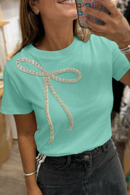 Mint Green Rhinestone Bow Embellished Round Neck Tee
