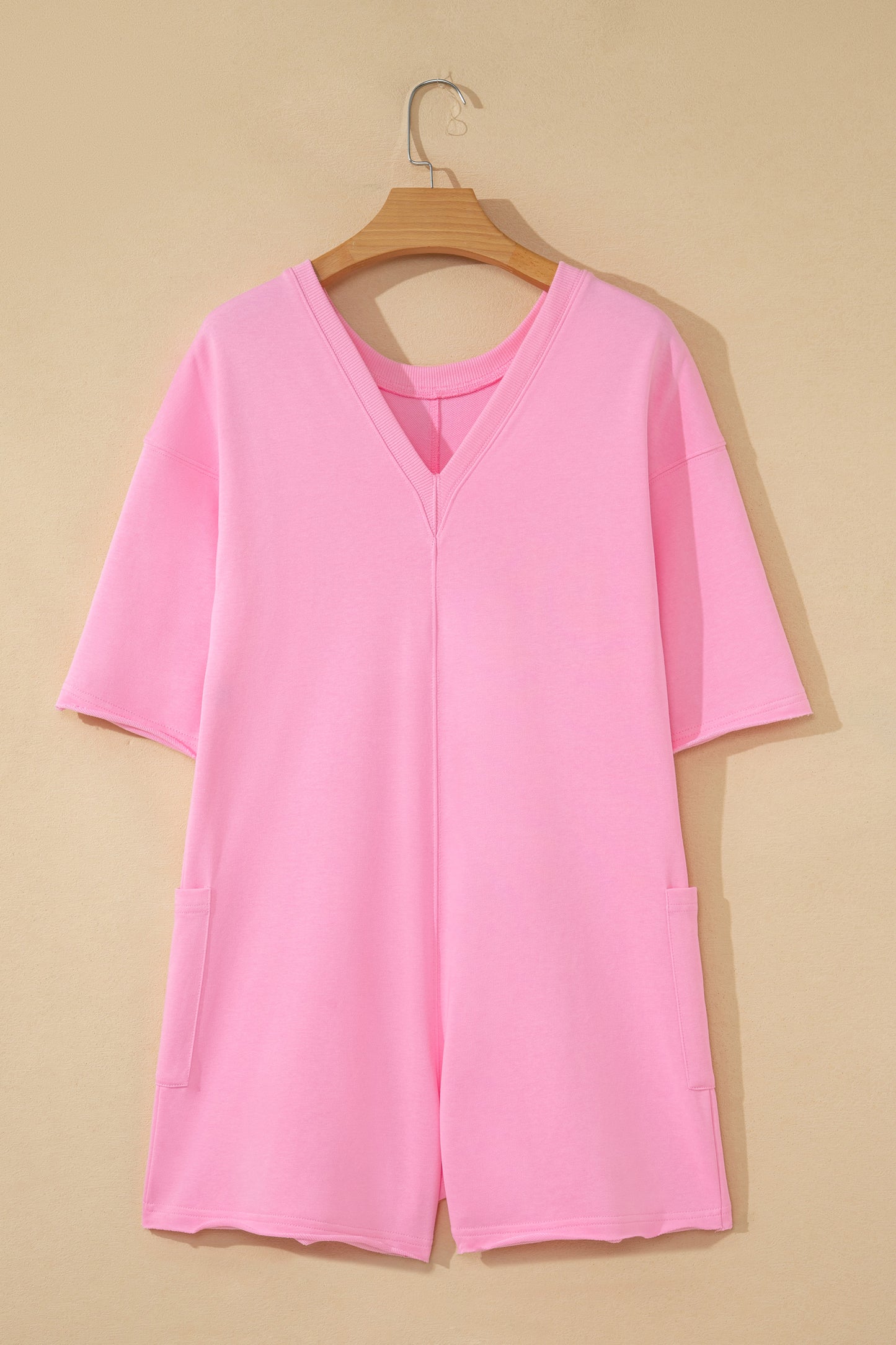 Pink Solid Color Raw Edge Half Sleeve Pocketed Loose Romper