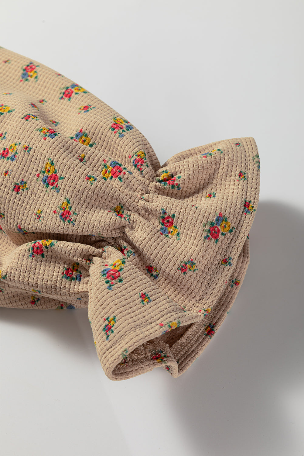 Oatmeal Boho Floral Plaid Patchwork Distressed Detail Ruffled Sleeve Waffle Knit Shacket