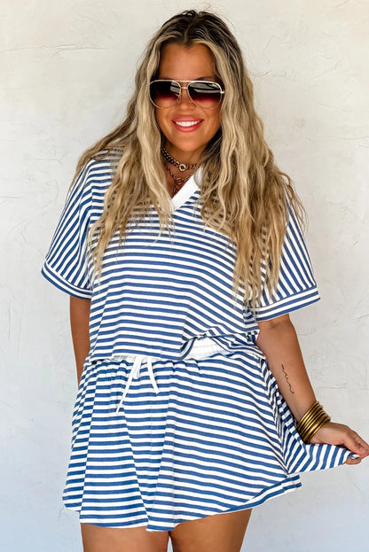 Blue Stripe Short Sleeve Collared V Neck Top Plus Size Skort Set