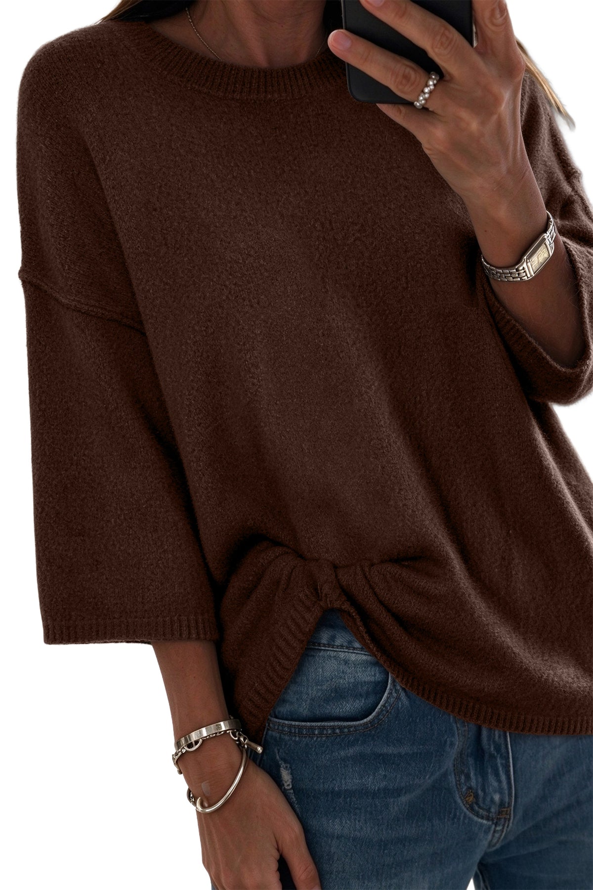 Dark Brown Solid Color Knit Half Sleeve Round Neck Shift Sweater