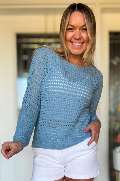 Myosotis Solid Color Hollow Out Knit Long Sleeve Crochet Sweater