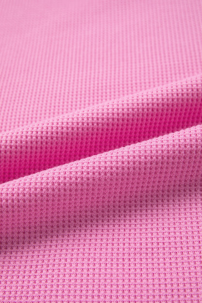 Bright Pink Waffle Textured Contrast Striped Patchwork Loose T Shirt