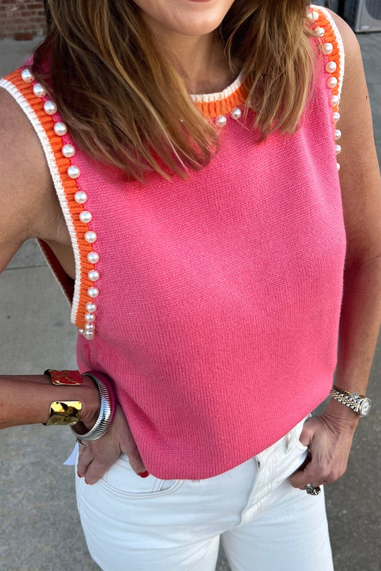 Bright Pink Contrast Trim Pearl Detail Sweater Tank Top